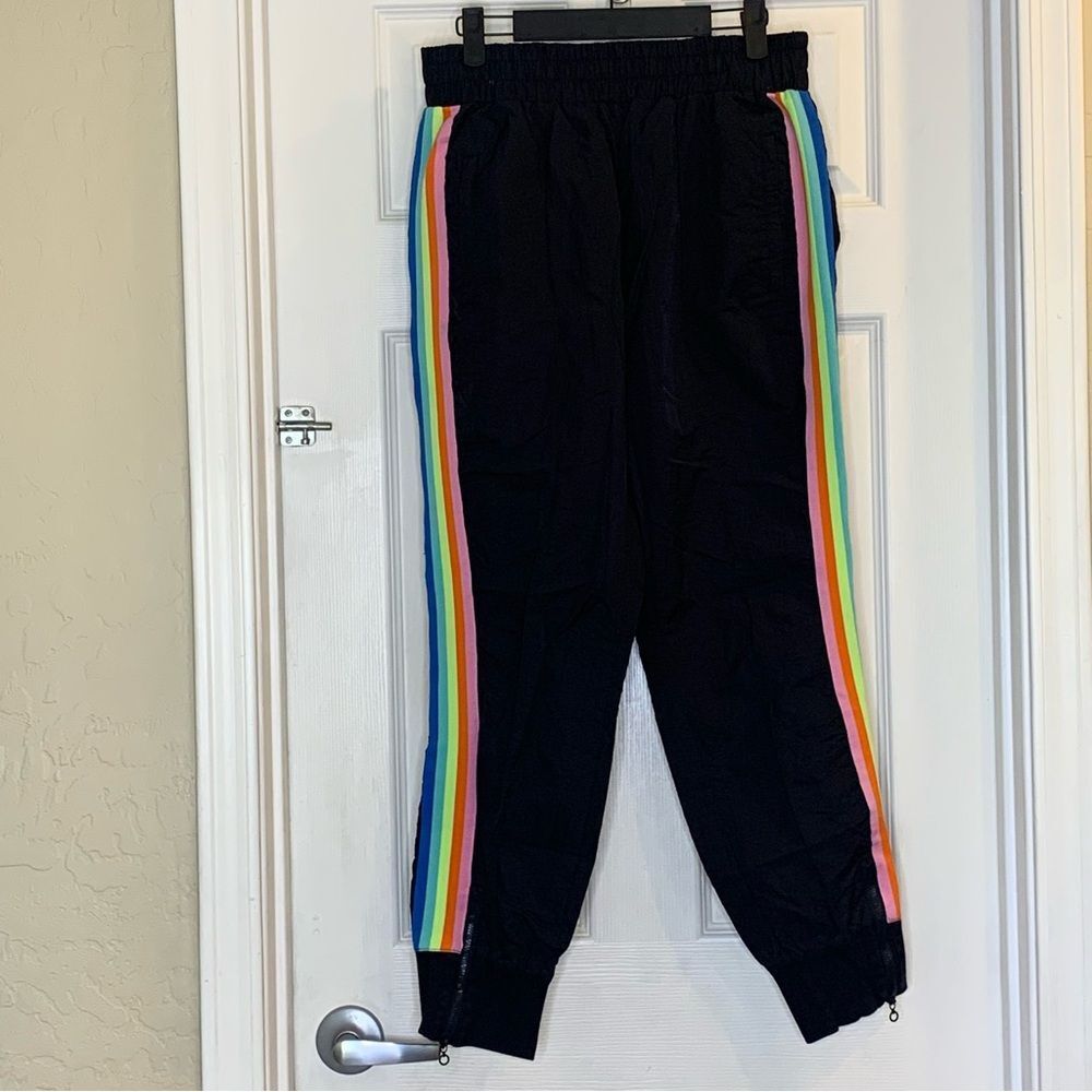 Fabletics Carol Woven Pants Black Rainbow Side Stripe Ankle Zip Size Medium